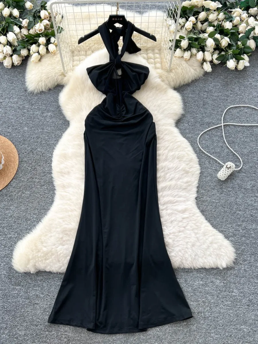 Foamlina Seksowna Sukienka Maxi z Wycięciami, Wiązana na Szyi, Długa, Damska, Europejski Styl, Siateczkowe Wstawki, Dopasowana, Podkreślająca Figurę, Elegancka, Bez Pleców