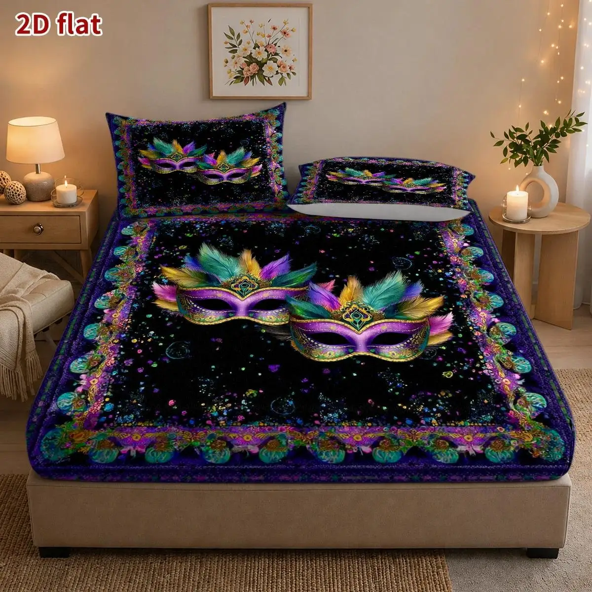 3-Piece Mattress Protector Set, 1 Fitted Sheet + 2 Pillowcases (Without Filling) 2D Flat Printing, Mattress Cover, Dreamy Butterfly Flying Pattern, Cyberpunk Neon Style, Halloween Carnival Night. Suitable for All Seasons, Machine Washable and Easy to Care For, Suitable for Home Bedrooms, Essential for Dorms and Rentals, Master Bedroom and Guest Room Decoration, Dust-Proof and Stain-Resistant, High Elasticity, Fits Various Sizes