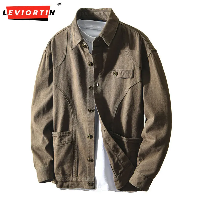 2025 Men's Spring and Autumn Japanese retro solid color loose casual versatile trendy workwear long sleeved shirt jacket