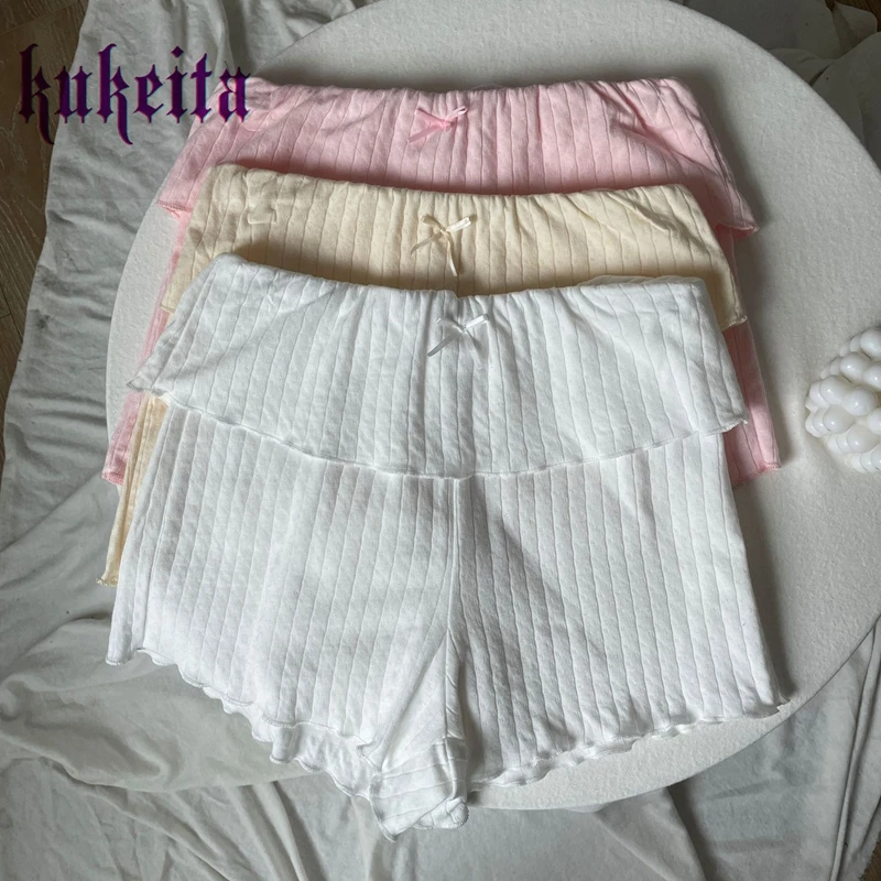 Kukeita Japanese Cotton High Waist Safety Short Pants Y2k Cute Bow Solid Casual Knitted Shorts Women's Kawaii Slim Shorts