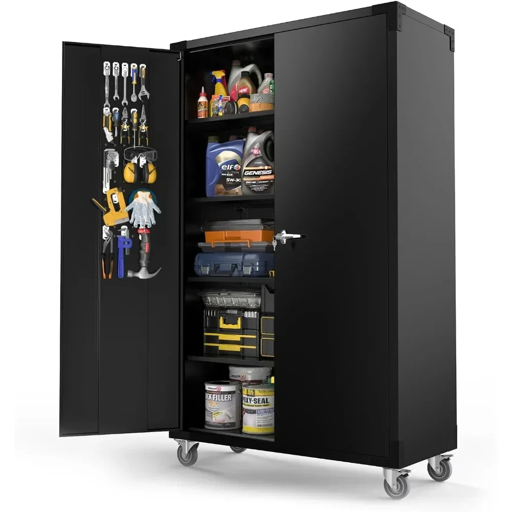 Deep Garage Storage Cabinet, Metal Storage Cabinet with Pegboards, Wheels, Locking Doors and Adjustable Shelves