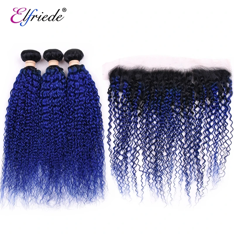 Elfriede #T1B/Blue Kinky Curly Ombre Colored Hair Bundles with Frontal Human Hair 3 Bundles with Lace Frontal 13x4 Transparent