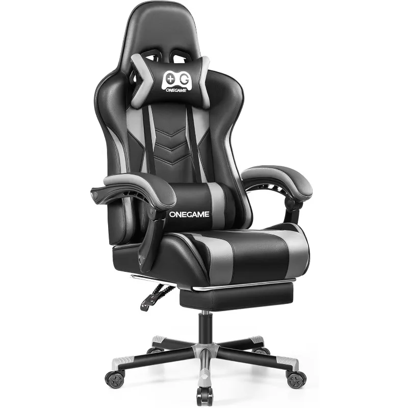 Ergonomic Gaming Chair with Footrest, Racing Gamer Chair with Linked Armrests and Lumbar Support for Adults, High Back Leather