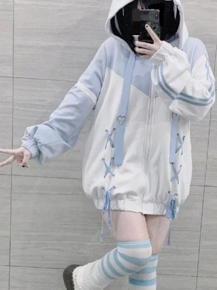 Deeptown Y2K Harajuku Kawaii Blue Detachable Sleeve Zip-Up Hoodies Loose Cutecore Goth Bandage Sweatshirt Autumn Winter 2024