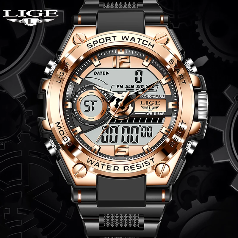 

LIGE Luxury Watch Man Military Digital Waterproof Wristwatch LED Quartz Clock Sport Watch Male Big Watch Men Relogios Masculino