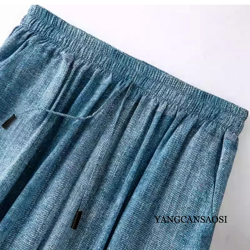 Women's Clothing 95% Natural Mulberry Silk Elastic Double Qiao Satin Pocket Design Drawstring Denim Print Straight Leg Pants
