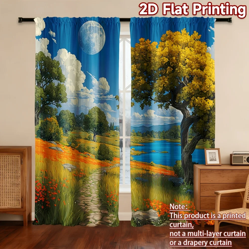Flower field oil painting pattern printed curtains, with a pole bag design suitable for use in bedrooms living rooms and offices