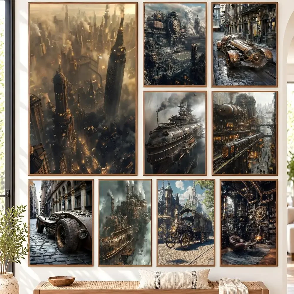 Surrealism Shocking Steampunk Cityscape Industrial Citys Airship Poster Matte Wall Art Removable Home Room Decoration