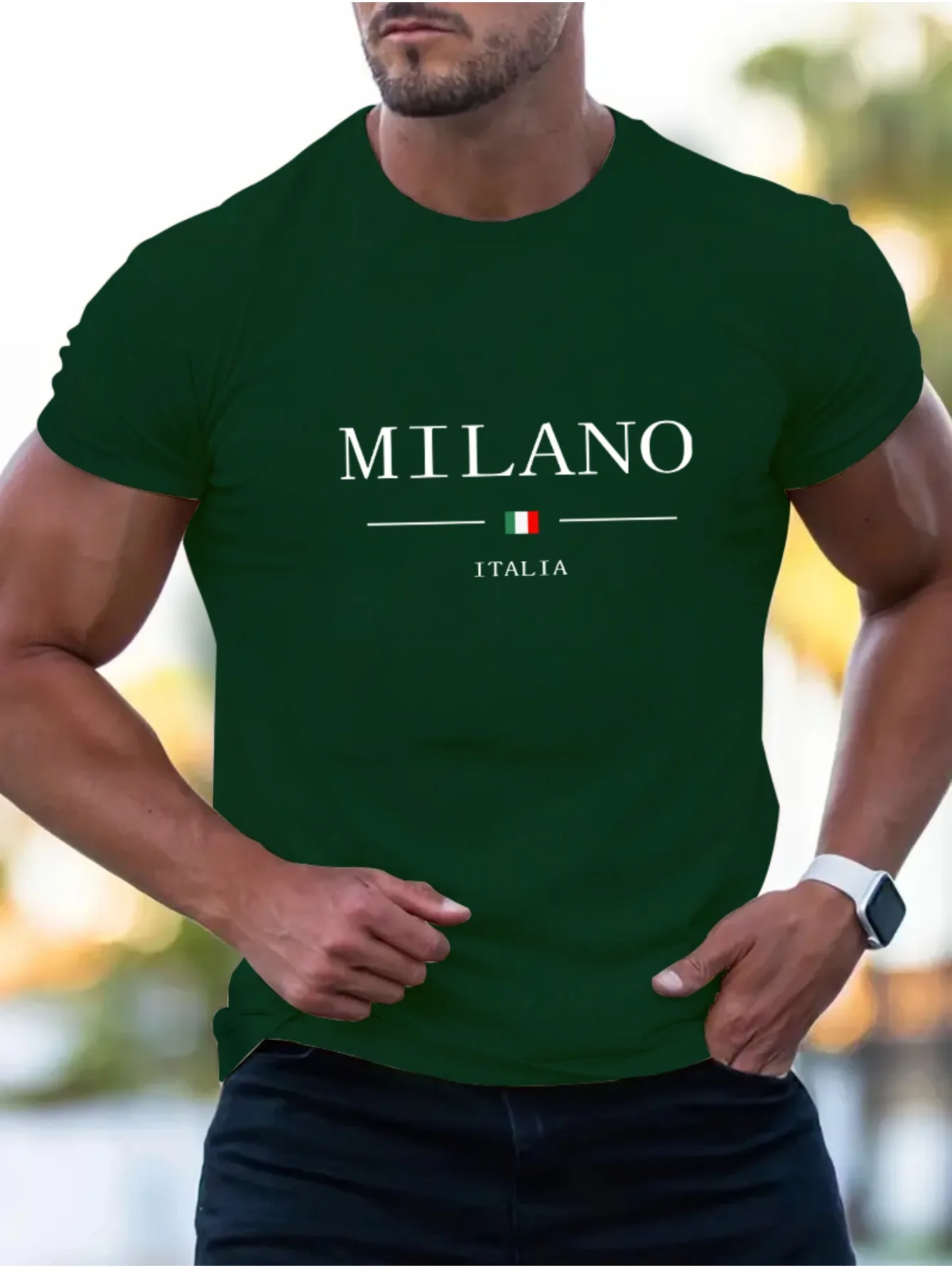 Summer men's 100% cotton casual sports loose plus MILANO print comfortable shopping round neck short sleeved T-shirt top image 3