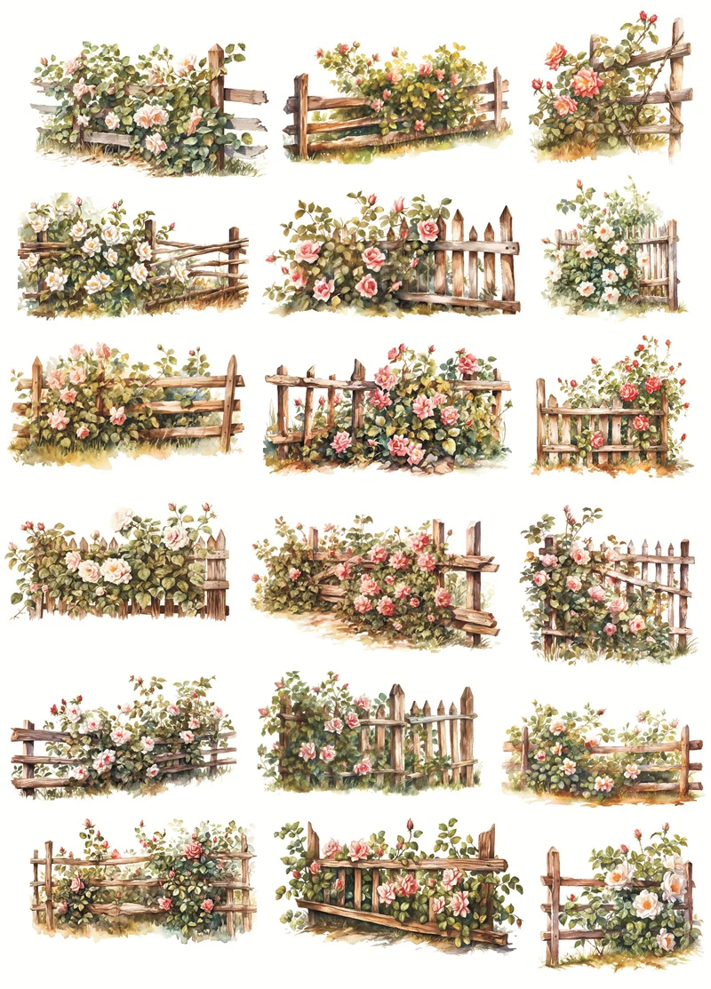 Stickers Watercolor flower garden wooden railing fence Stickers DIY  Diary  Project Decoration  Vintage Scrapbooking Stationary