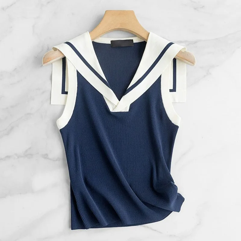 Summer New Sailor Collar Striped Constracting Color Sleeveless Knitted Comfortable Versatile Niche Slim Fit Tank Top