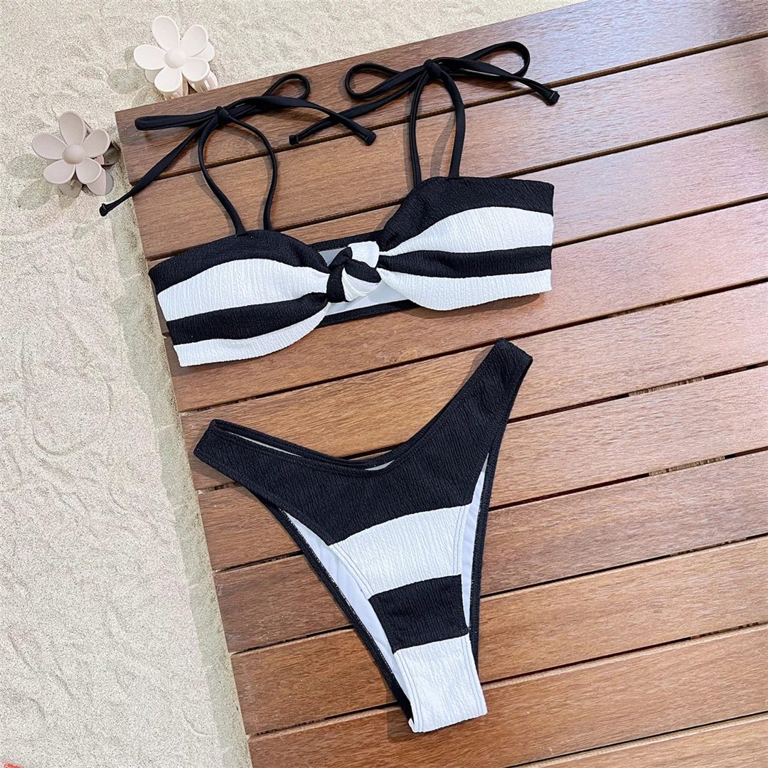 Geknoteter Bikini mit hohem Beinausschnitt, Damen-Badeanzug, zweiteiliges Bikini-Set, gepolsterter Badeanzug, Badebekleidung, Schwimmanzug V6712 – Detail 6
