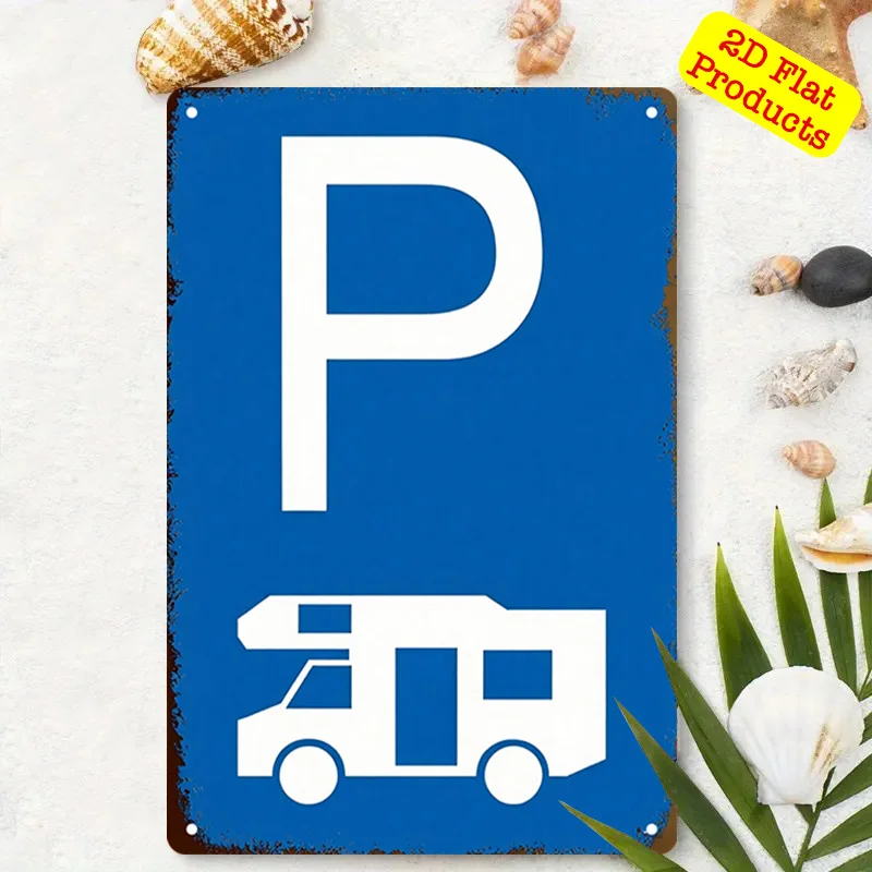 2D Flat, 2D Flat 1pc RV Parking Sign Decorative Painting, Camping Area PlateSign, Motorhome Symbol PlateSign, Blue SignAluminum