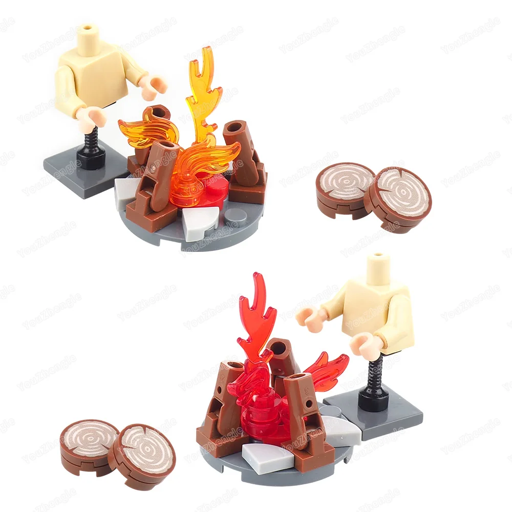 Miniatur Feuer Brennen Baustein Montage MOC Figuren Ausrüstung Camping Holz Stakes Stuhl Szene Passenden Modell Geschenk Junge Spielzeug