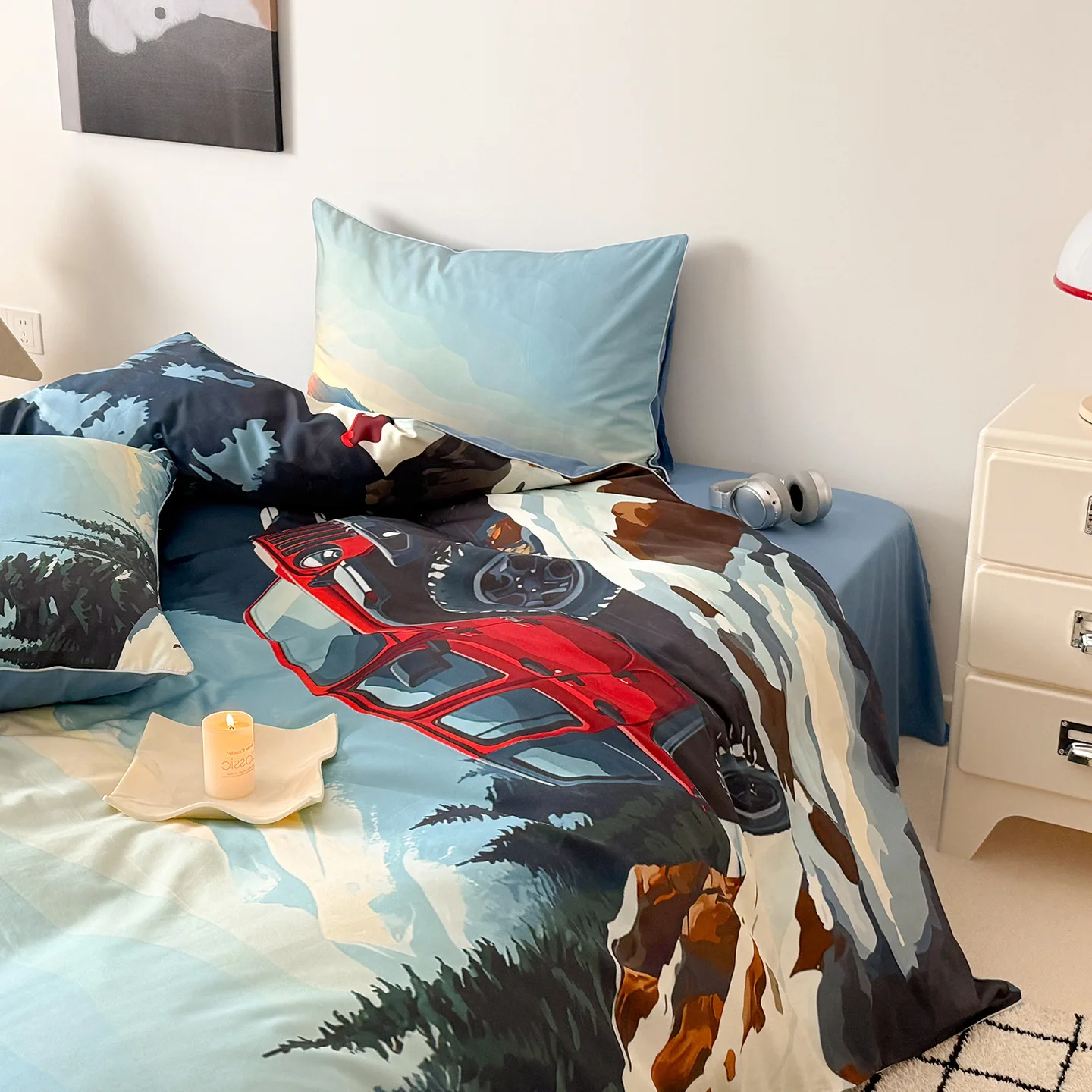 PYJ long-staple cotton three-piece set, snow mountain crossing four-season car boy printing pure cotton four-piece set