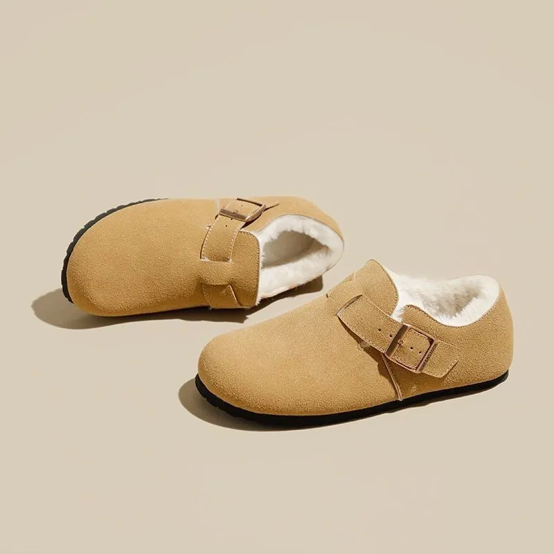 

Winter Fur Lined Suede Slipper For Women Outdoor Keep Warm Non-slip Flat Mule Slipper New Lady Round-toed Home Slippers
