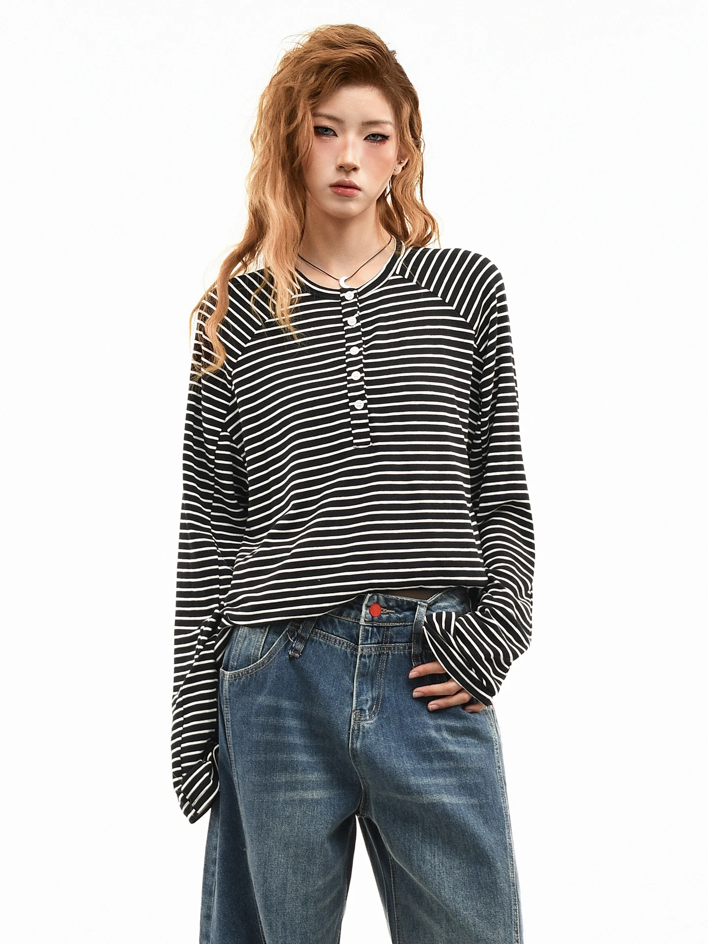 

OV Original American Retro Striped Long Sve T-irt ex Loose Casual Base Layer Spring Top for Men And Women