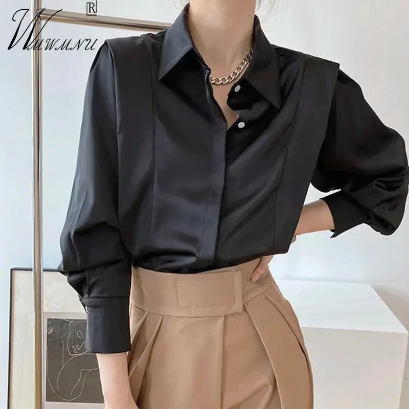 

Luxury Design Black Blouses Office Lady French Style Ruffle Women Shirts Single Breasted Lapel Spring Blusas New Long Sleeve Top