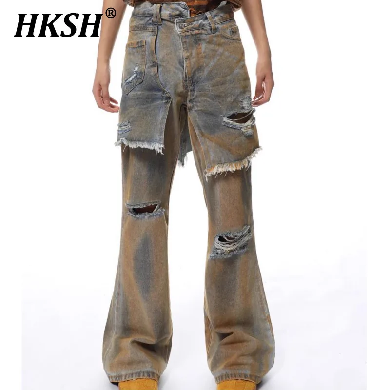 

HKSH Spring Man Punk Tide Waste Soil Винтажные джинсовые брюки в стиле панк Y2K Брязные сращенные искусственные юбки из двух частей Джинсы с поврежденными дырками HK4689