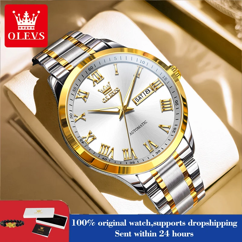 

Часы OLEVS 7075, роскошные оригинальные механические часы для мужчин, водонепроницаемые автоматические часы с календарем недели, стальной ремешок