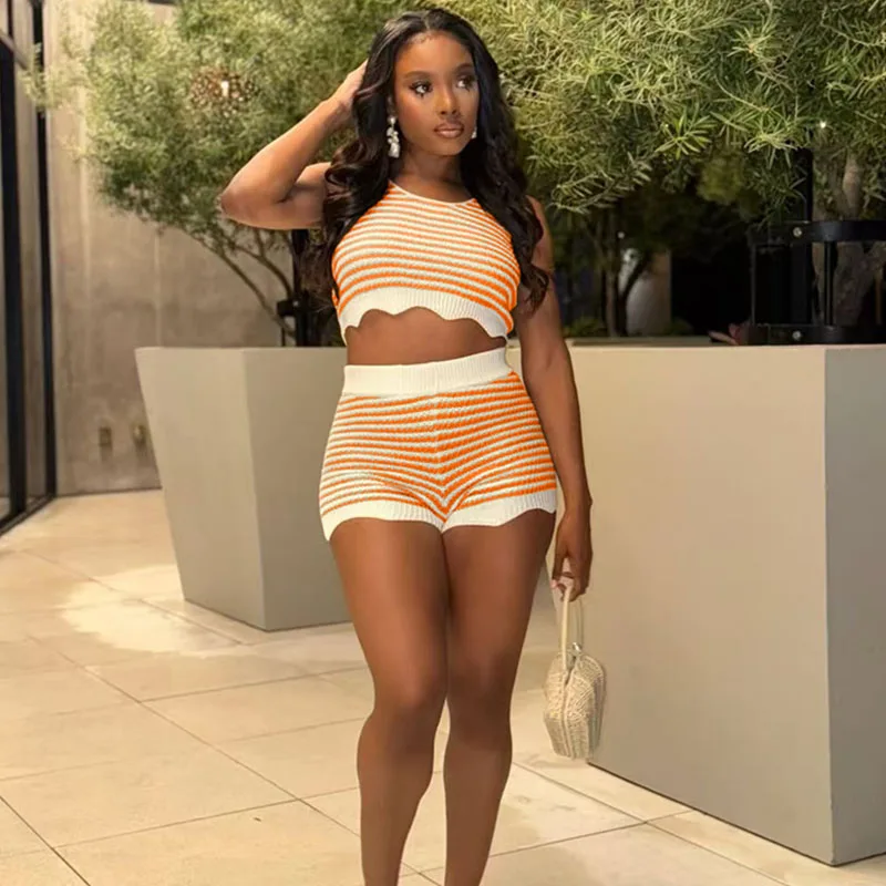 

Striped Knit Short Sets Woman 2 Piece Set Outfit Summer Tank Sleeveless Crop Top and Shorts Sporty Fitness Casual Matching Sets