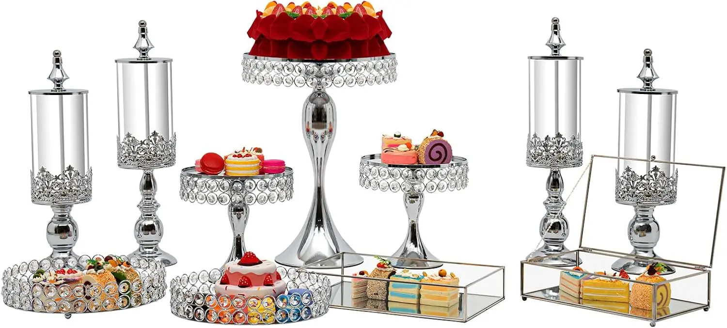 11 PCS Cake Stand Set Silvery Crystal Dessert Table Plate Set Metal Cupcake Tray Candy Fruit Display Tower for Wedding Afternoon