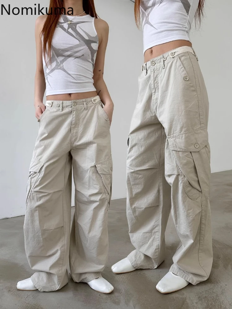 Pantalones Cargo informales para mujer, Pantalón recto fino con bolsillos, moda coreana, verano, 2024