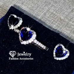 CC Blue Jewelry Sets Heart Rings Stud Earrings For Women Zirconia Wedding Romantic Trendy Party Fine Accessories Drop Shipping