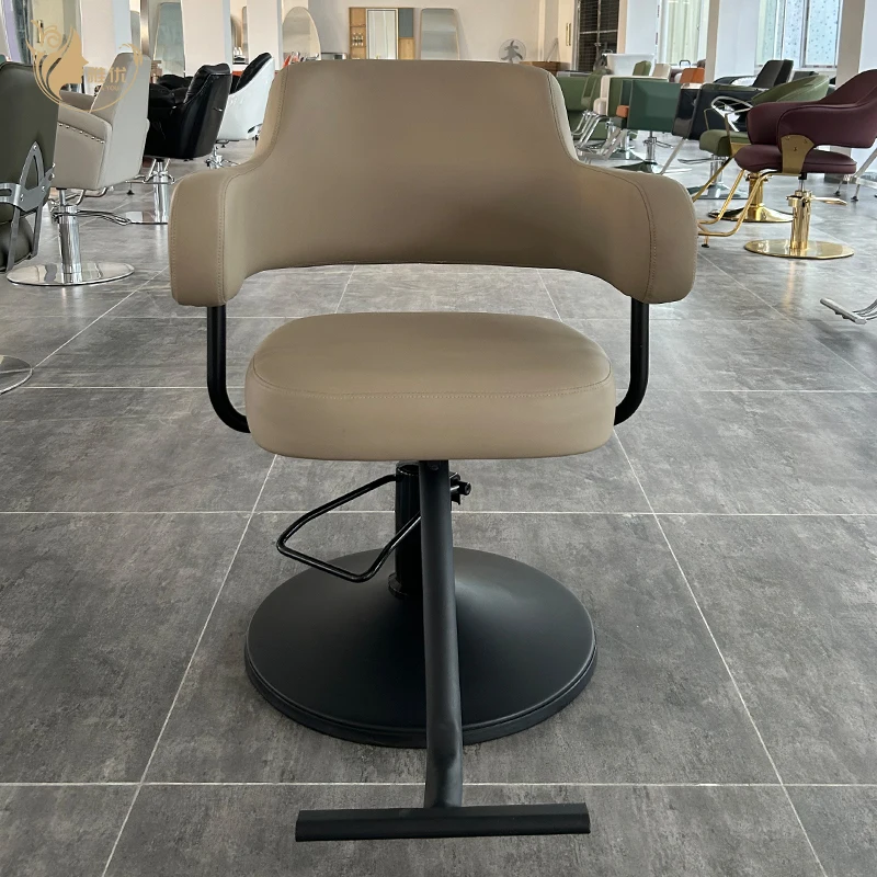 Modern Hydraulic Barber Chair with Beige PU Leather and Matte Black Base for Salon