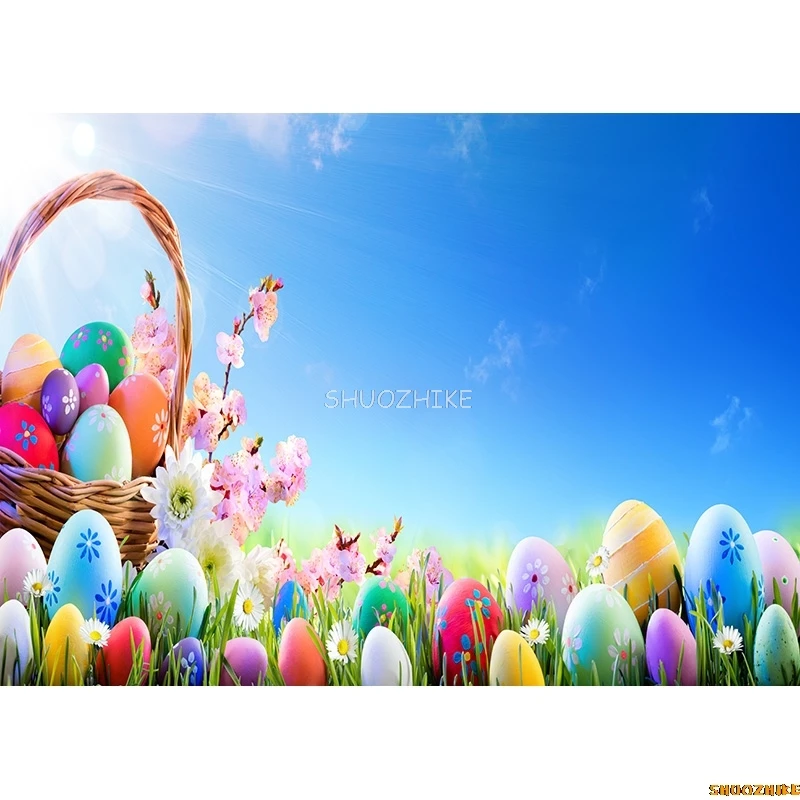 SHUOZHIKE Green Spring Easter Day Photography Backdrops Props Hare Rabbits Colorful Eggs Wood Photo Studio Background FJ-01