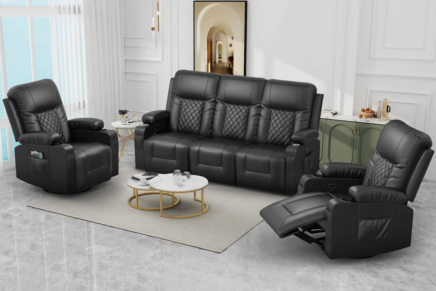 Sofa Set with 3+1+1 Pieces in Living Room, 3 Seater Reclining Sofa, 2 Recliner Chair with 360 Degree Swivel Single Sofa Seat