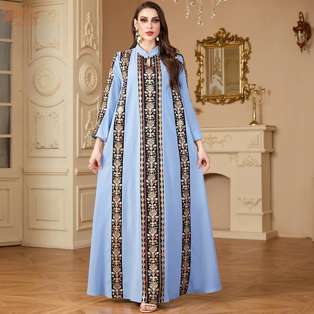 Ramadan Dubai Embroidery Stripe Long Abayas Muslim Elegant Women Evening Dress Moroccan Casual Loose Kebaya