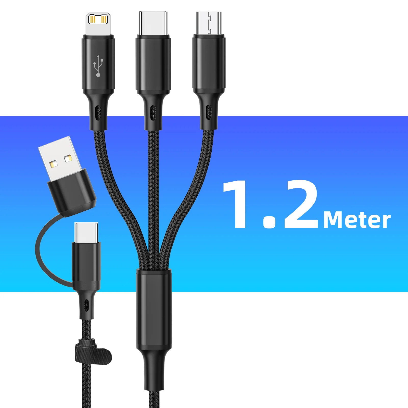 كابل شحن سريع USB 3 في 1 من النوع C Micro لكابل شاحن IOS متعدد لهاتف iPhone Huawei Samsung سلك مضفر متعدد من النايلون