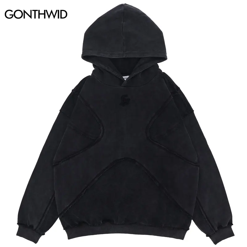 Vintage Hoodie Streetwear Hip Hop Embroidery Letter Washed Pullover Harajuku Punk Goth Cotton Hooded Sweatshirt 2024 Men Fashion