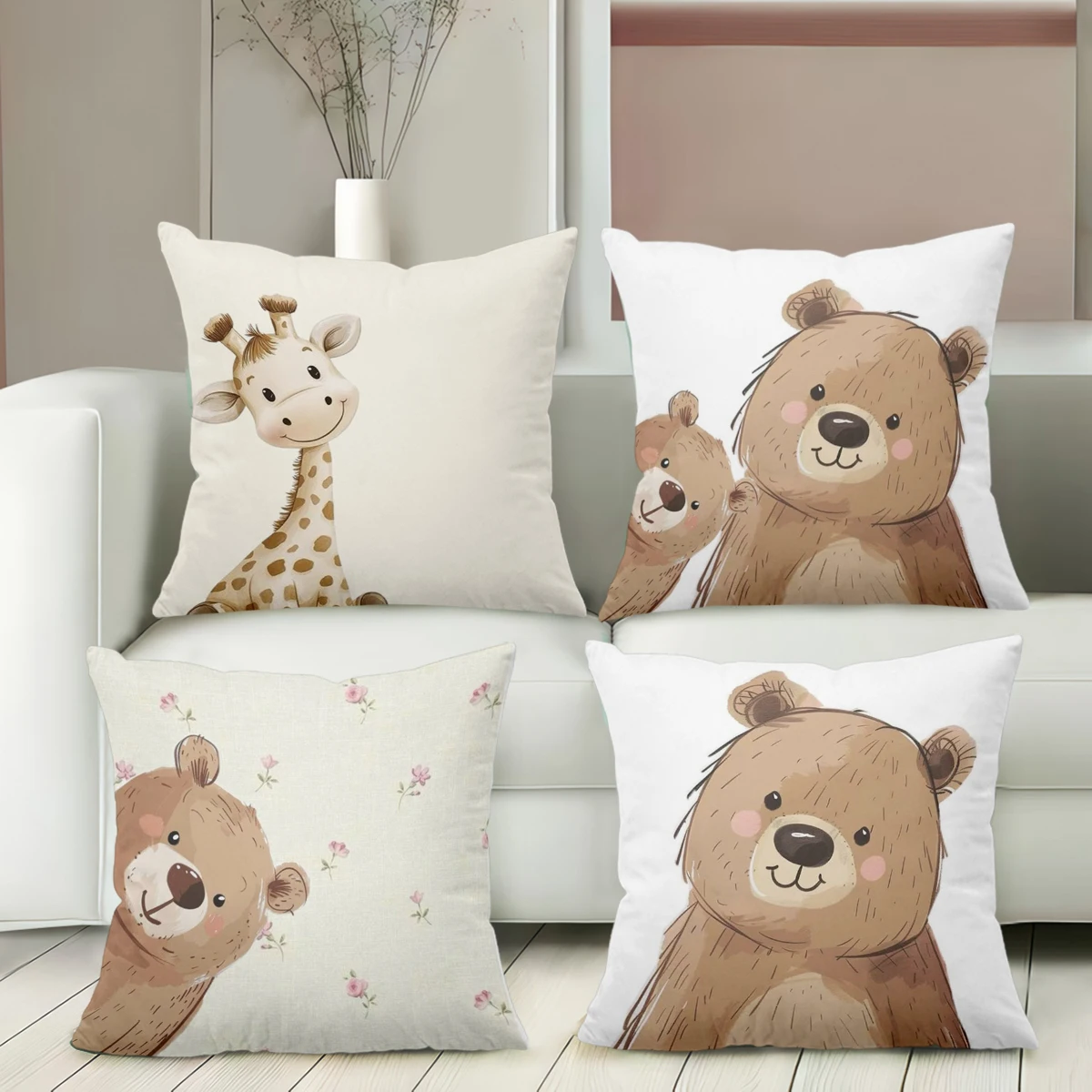 Cute Animal Printed Cushion Covers Giraffe And Bears Polyester pillowcase, sofa decorative cushion cov Headboard Pillow