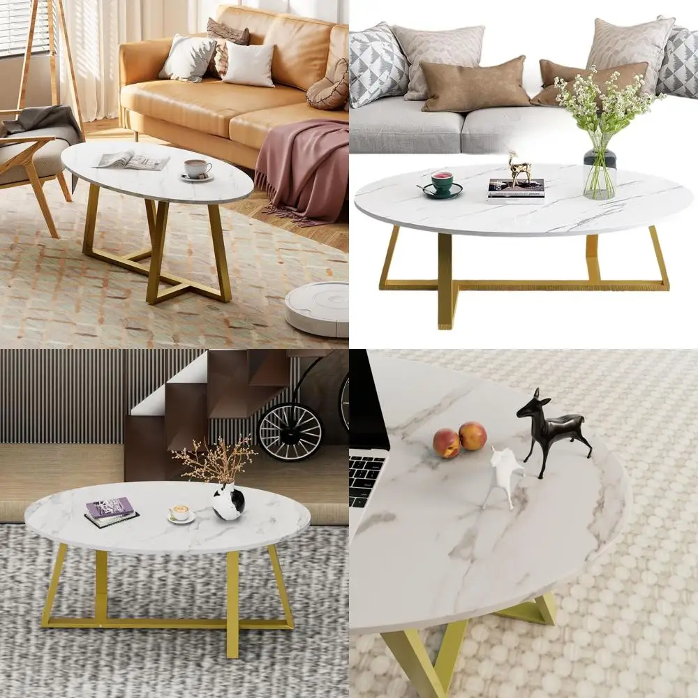 

Современный овальный белый журнальный столик из искусственного мрамора для небольших гостиных, прочный акцентный столик с золотыми металлическими ножками