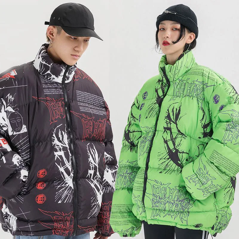 Hip Hop Winter parka Men Graffiti Cartoon Anime Print Street Harajuku addensare giacca imbottita con cerniera calda cappotti oversize Unisex