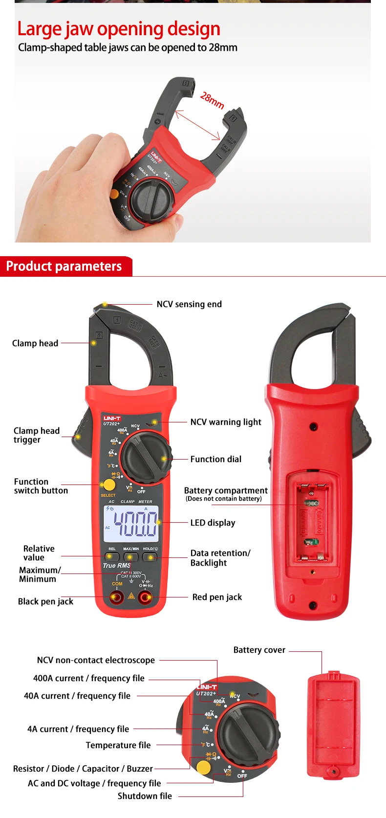 UNI T UT201 + UT202 + UT203 + UT204 + pinza amperometrica digitale AC DC tensione Amperimetro Tester pinze amperometro resistenza misuratore di