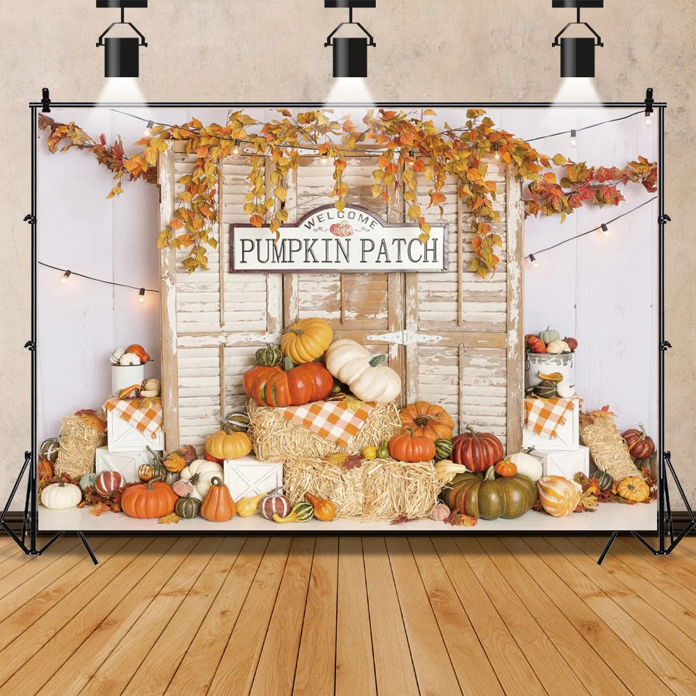 Fall Thanksgiving Background Wooden Door Barn Autumn Pumpkin Maple Leave Sunflower Halloween Decoration Photography Backdrop