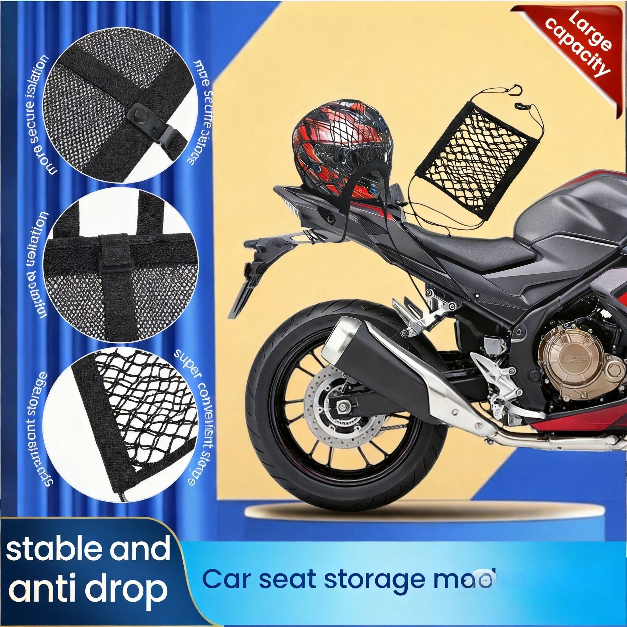 

Motorcycle Cargo Net High Elastic Double Layer Motorcycle Net for Helmet Storage 10"X11" Bungee Cargo Net with Hooks Luggage Net
