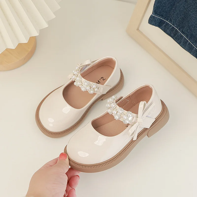 Spring Autumn Children's Leather Shoes Glossy PU Black School Girl Shoes Fashion Sweet Kids Princess Mary Jane Shoes Bowknot