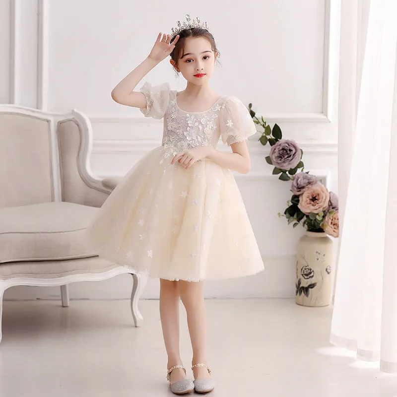 Vintage Off The Shoulder Flower Girl Dress Tulle Princess Dress - Lace Short Sleeve Evening Gown for Formal Special Occasions