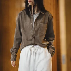 Maden Women's Vintage Corduroy Shirt Elegant Turn-down Collar Long Sleeve Shirts Cotton Solid Color Loose Blouses Women Tops