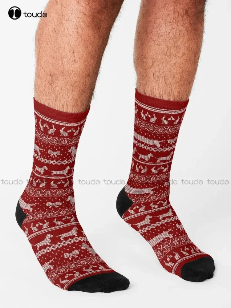 Ugly Christmas Sweater Dog Edition - Rough Haired Dachshund Red Socks Halloween Socks Women 360° Digital Print Custom Gift