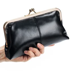 Fashion Wallets for Women Luxury Brand Metal Frame Female Clutch Bag with Zipper Kiss Lock Closure Genuine Leather Long Wallet