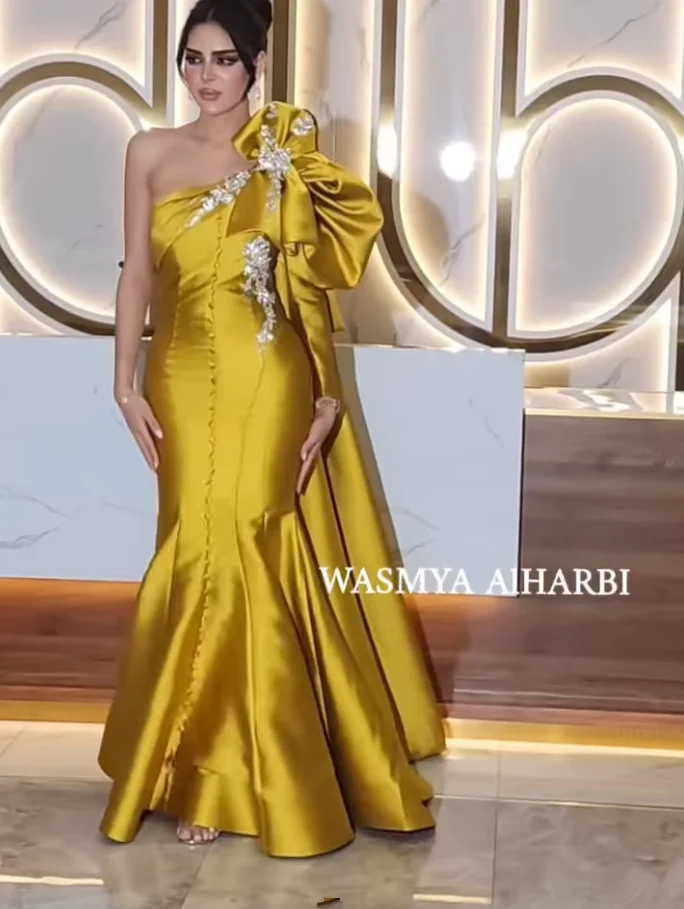 Gold Long Mermaid Prom Formal Dresses With Ribbon One Shoulder Crystal Applique Saudi Evening Gown Pastrol Unis customsized
