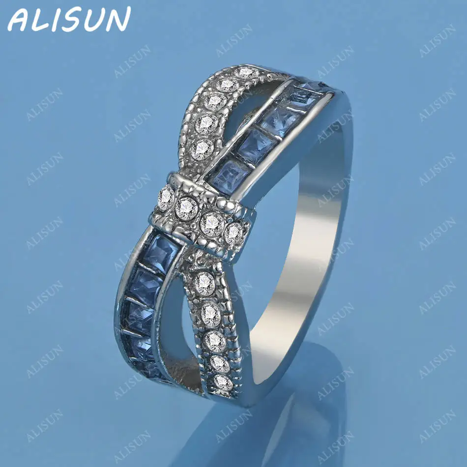 

ALISUN 925 Sterling Silver Blue Zircons Bow Ring For Women Fashion Jewelry Vintage Grace Charm Noble Party Birthday Gifts