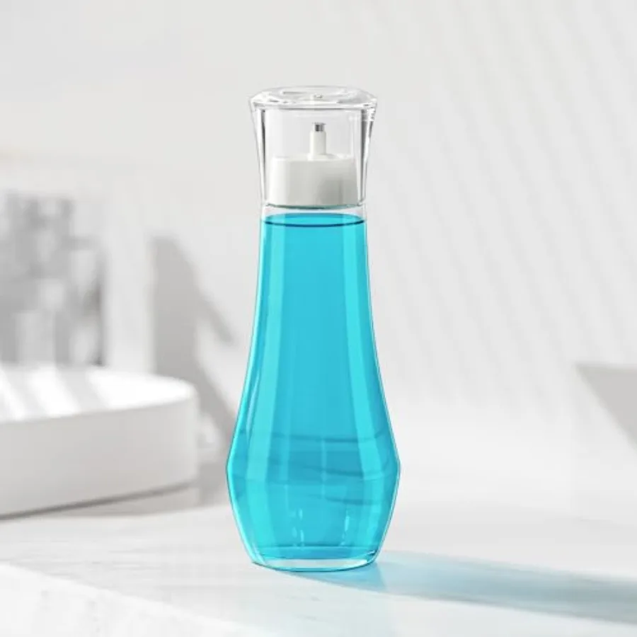 Glass Mouthwash Dispenser for Bathroom, 8.8OZ Mouth Wash Container Bottle with Lid Cup, Small Clear Refillable Mouthwash Dispen