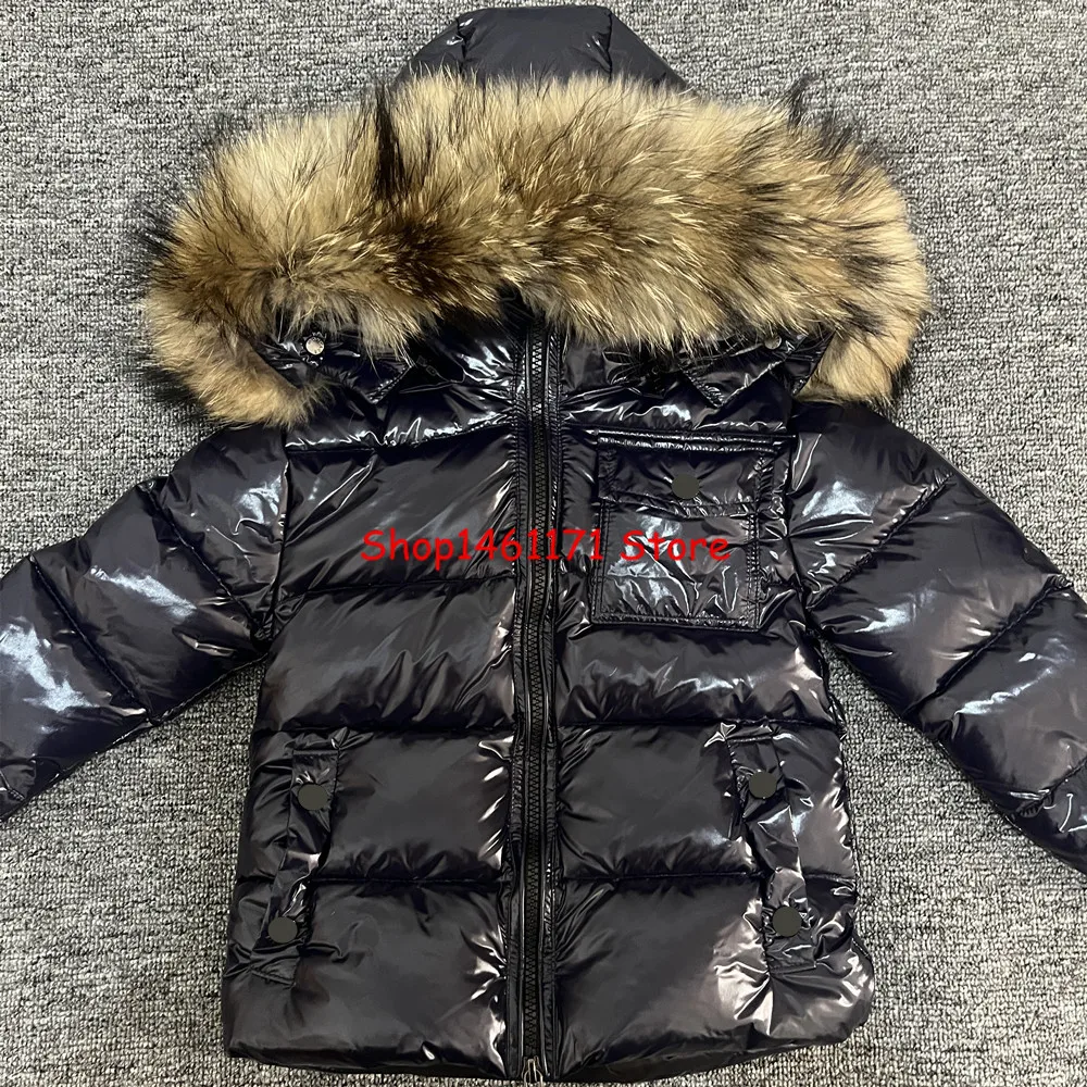 Children\'s Winter Down Jacket Shiny Luxury Natural Fur Collar Toddler Boys Hooded Coat Baby Girls Warm Snowsuit Kids Parkas