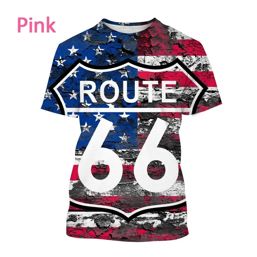 Summer US Route 66 Graphic 3D T-Shirt Casual Pullover Outdoor Street Printed T-shirt Personality Round Neck Loose Top Tees